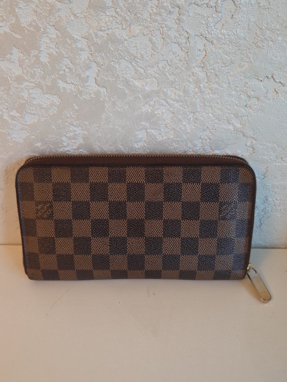 Louis Vuitton Brown Textured Leather Wallet Organazer with Red Logo Stamp